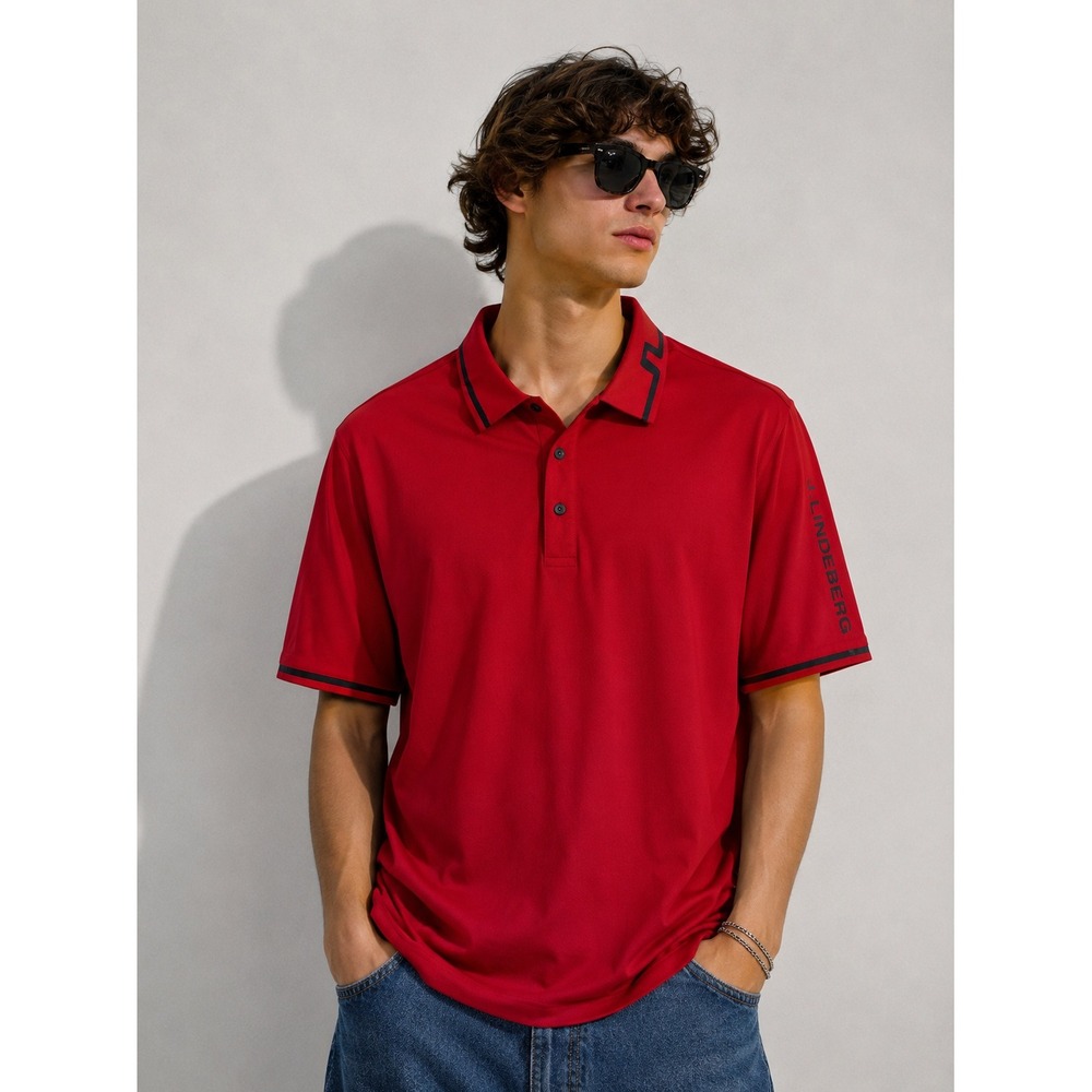 J.Lindeberg Mens Red Short Sleeve Golf Polo Shirt Black Trim Logo Size XL